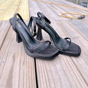 Miss Lola Mina Black Mini Platform Concave Heeled Satin Square Toe 90s Sandals